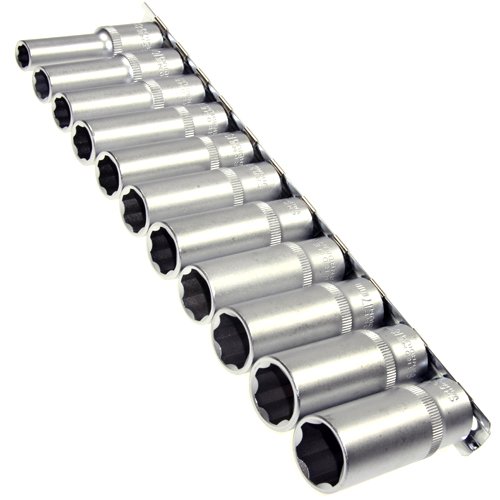 11 x Lange Steckschlüsseleinsätze / Schraubendreher-Einsätze Stecknuss 3/8" Nuss 8 - 19 mm auf Steckleiste aus Chrom-Vanadium-Stahl