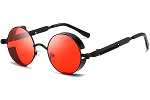 SANON Polaryzacyjne okulary przeciwsłoneczne UV400 w stylu steampunkowym vintage spolaryzowane okulary przeciwsłoneczne retro okulary okrągłe soczewki metalowa oprawka okulary przeciwsłoneczne dla mężczyzn kobiet, Czarna ramka + czerwona soczewka