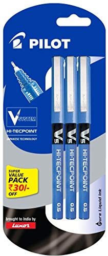 Pilot V5 Pen Liquid Ink Roller Ball Pen - Pack of 3, Blue