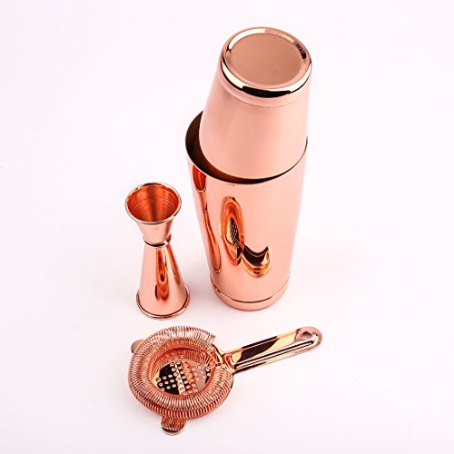 Kupfer Boston Shaker: 4-teilig Set: 550ml&750ml Profi Edelstahl Cocktail Set, Barsieb & Barmaß von Homekeros - 4