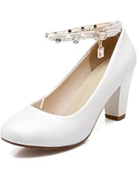 AllhqFashion Mujeres Hebilla Puntera Redonda Tacón Ancho Sólido De Salón con Colgantes