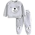 Kwikk Furry Fun Animal Fleece Tracksuit | Adorable Cartoon Cat Theme | Toddler Baby Clothing Set T-shirt, Pajama Pants, and Sweatshirt | Winter Wear for Boys and Girls | Grey | 0-1 Years