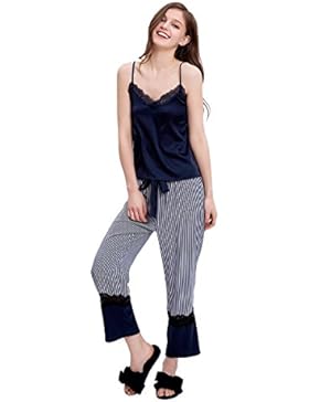 Pantaloni a righe regolabili in cotone V - collo in pizzo ( Colore : Blu , dimensioni : L. )