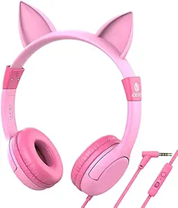 iClever HS01 Headphones for Girls Kids Headphones with Mic Gift for Girls, Cat Ear Wired Unicorn Headphones for Girls, Headset with Mic Girl Headphone for Kindle/Tablet, Pink