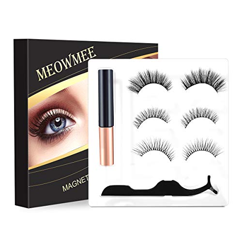 Eyeliner magnétique Kit, MEOWMEE Kit Eyeliner magnétique Faux Cils 3D Réutilisables 3 Paires Kit de faux cils naturels doux Eyeliner magnétique durable et imperméable avec une pince à épiler