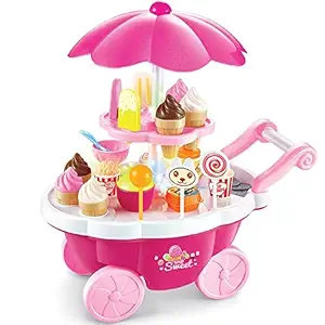 Zehlendorf 39 Pcs Ice Cream Sweet Shop Cart Toys Pretend Play Kitchen Set for Kids Girls Without Light and Music