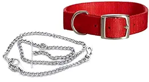 DCM PET Zone Dog Belt Combo of 3/4 inch Red Dog Collar with Dog Chain Specially for Small Dogs & Puppies Under 10-15kg Dog Collar Chain