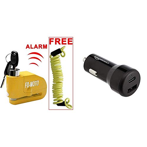 FD-MOTO - Dispositivos Antirrobo Candado de Disco con Alarma Antirrobo Acero 7mm 110DB Amarillo con Cable Enrollado de 1,4M + AmazonBasics - Cargador USB-C (15 W) y USB-A (12 W) para el Coche