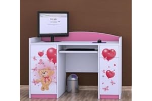 ‎HAPPY BABIES Happy Babies Schreibtisch für Kinder mit 5 Schubladen weiß Blau Kinderschreibtisch 125x89x60 Computertisch mit Tastaturablage Bürotisch für Kinderzimmer Muster Bärenjunges