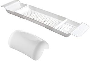 Cojín de baño + bandeja para bañera: cojín ergonómico de Lonkenn para bañera, cojín de poliuretano con ventosas, cojín para el cuello, bandeja extraíble, impermeable, antideslizante