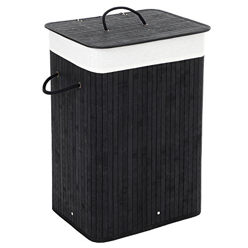Songmics 3 Griffe Faltbar Bambus Wäschekörbe Wäschebox Wäschetruhe Wäschesammler Wäschetonne Wäschewagen Schwarz Eckig LCB10H