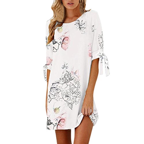 Preisvergleich Produktbild Yanhoo Halbes Hülsen Verband Blumen Kleid Rockabilly Strandkleider Blumenmuster Sommerkleider Böhmen Weiss Kleider (L, Weiß)