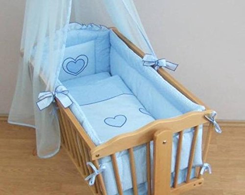 Baby All Round Crib Bumper 260cm Long Covers 4 Sides of Cradle 90x40cm Embroidery ("Heart" - Blue)