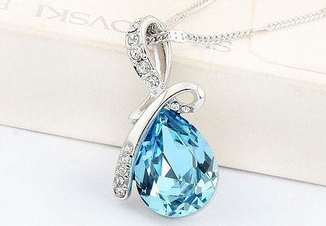 SheClub Silver Plated Gemstone Light Blue teardrop pendant charm necklace with chain