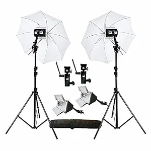 HIFFIN Studio Home 33 Umbrella Stand Setup with S1 Semi Heavy Bracket Umbrella Adapter B-Bracket and Stand Double Set with Continuous/Video Light with 1000 Watt Halogen Tube (H-4 Light KIT Mark II)