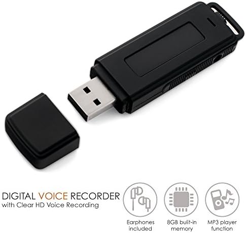 Professional USB Thumb Drive with Built-In Microphone | Clear HD Voice Recording Dictaphone| Discreet Spy Surveillance Gadget| 8GB Memory Stick / 558 Hours Capacity| 26h Battery Life | Earphones Included