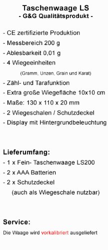 G&G LS 200g/0,01g Taschenwaage Digitalwaage Feinwaage Goldwaage Küchenwaage Münzwaage 10cmx10cm Extra Große Wiegefläche Scale - 6