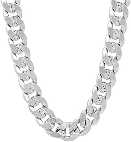 The Bling Factory Men's 9mm Rhodium Plated Concave Cuban Link Curb Chain Necklace, 30" + Microfiber Polishing Cloth