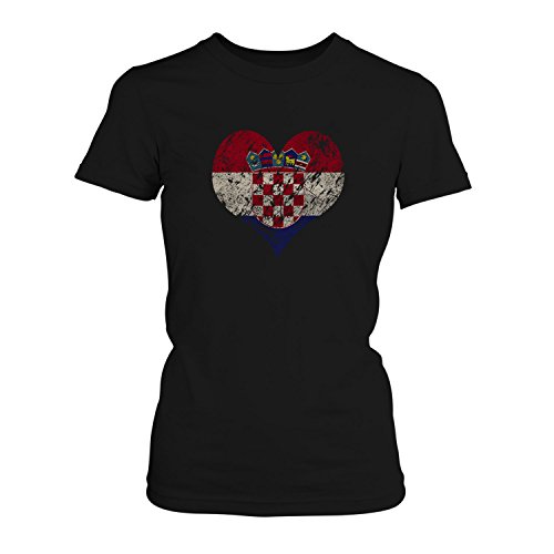 Fashionalarm Damen T-Shirt – I Love Croatia | Fun Shirt Trikot mit Vintage Flagge Print für Fußball & Kroatien Fans | Adria Urlaub | EM & WM, Farbe:schwarz;Größe:M