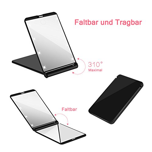 GHB Faltbar Kosmetikspiegel mit 8 LED Beleuchtung Doppelseitiger Schminkspiegel mit 1 und 2-facher Vergrößung Schwarz - 2