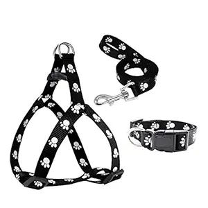 Petlicious & More Paw Print Puppy Harness Leash Collar Set Combo Offer of Small Dog Harness + Leash + Collar Set (Black)