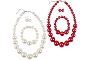 Imitations Perle Schmuck Set, Saijer 2 Sets Temperament Halskette,Braut Schmucksets Nachgemachte Perlenkette Armband Ohrringe für Hochzeit Events Party Schmuck Geschenke Rot&Weiß