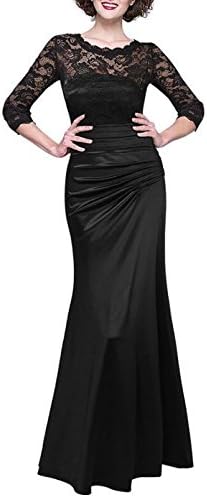 SBelle Women's 3/4 Sleeve Evening Party Long Floral Lace Pleated Vintage Dress-Black XXXL
