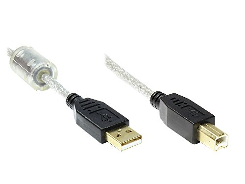 Anschlusskabel USB 2.0 High Quality mit Ferritkern und Goldkontakten, transparent, 5m, Good Connections®