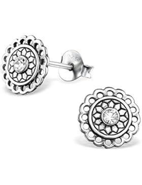 Silvinity Damen Ohrstecker Blume flach Ø8mm - 925 Silber Ohrringe Blumen Ornamente mit Kristall #SV-233