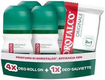 Borotalco, Kit con 4 Deodoranti Roll On e Deo-Salviette, con Talco Vegetale e Molecole Anti‑Odore, Azione Detergente e Deodorante, Durata 48h, Senza Alcol, 4x150 ml, 12 Salviette - Esclusiva Amazon