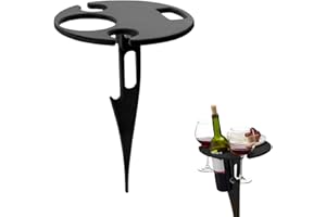 Gotetiso Table à Vin Portable D'extérieur Table de Plage Mini Table Pliable Porte Bouteilles de Pique Nique Porte Verre à Vin Suspendu Table Ronde Pliante pour Jardin Camping Plage Voyage