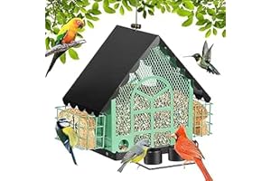 DoubleCare Comederos para pájaros para exteriores, comedero para pájaros de gran capacidad con doble jaula de torta de sebo, casas para pájaros colgantes de metal con taza de agua para patio, jardín