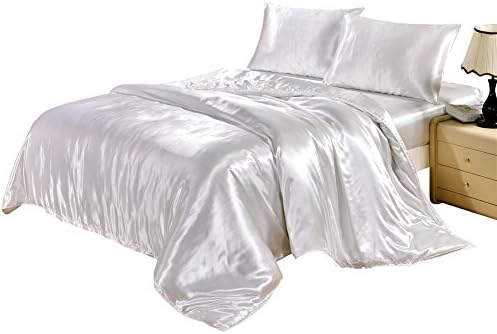 3 pcs satin silk duvet cover bedset with pillowcasw (white, double)