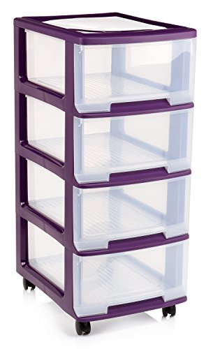 Bluespoon Rollwagen mit 4 Schüben | Gesamthöhe 58 cm | 4 Schubladen mit je 8 Liter | Schubladencontainer mit montierbaren Rollen | Endlos Stapelbarer Schubladenschrank mit Leichtlaufrollen lila - 2