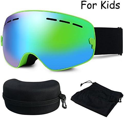 Kids Skiing Goggles, ZNY 3 to 9 Year Old Children Frame-less Ski Snowboard Snowmobile Skate Goggles With Anti Fog PC Lens 3 Layer Comfortable Foams Detachable Strap (Green Frame + Green Lens)