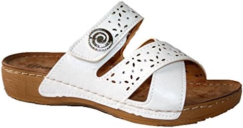 LADIES GEZER , SLIP ON PEEP TOE MULE LIGHTWEIGHT SOFT COMFY MULE SANDALS (UK7, white button)