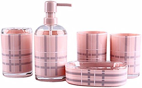 Bathroom Accessory Set,MYTOP 4 Piece Plastic Bathroom Accessory Set,Lotion Dispenser Toothbrush Holder Tumbler Cup Soap Dish - Pink