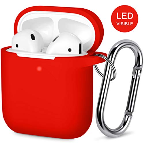HUMENN Housse Étui pour AirPods 2 & 1, Airpods Coque de Protection en Silicone Anti-Choc [LED Avant Visible] Supporte la Charge sans Fil, avec Mousqueton, Rouge