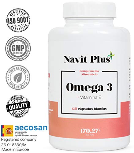 Omega 3 Ácidos grasos + Vitamina E. Alta dosis de EPA 700 mg y DHA 500 mg/ Dosis diaria | Fabricado en España |Complemento alimenticio a base de aceite de pescado puro. 120 cápsula blandas. ISO9001.
