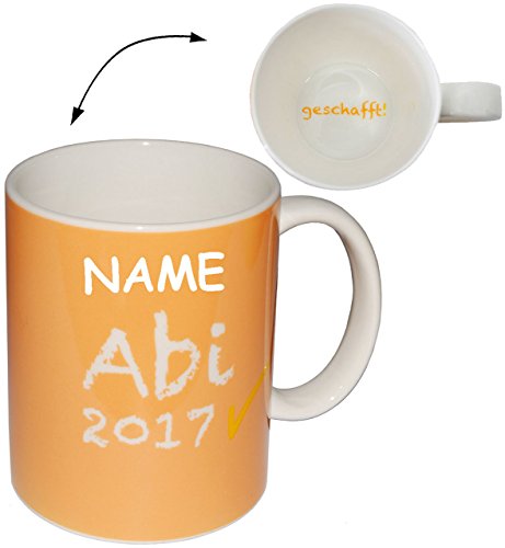 Kaffeetasse – “ Abi 2017 – Innendruck: geschafft ! “ – ORANGE / GRÜN – groß – 380 ml – Porzellan / Keramik – Abitur – Henkeltasse / Teetasse – Trinktasse mit Henkel – bestandene Prüfung Gymnasium – Tasse Becher – Porzellantasse – Tassen / Kaffeetassen – Henkeltassen – Keramiktasse lustig Schule – Abiturient / Abiturientin – Hochschule Student – Universität - 3