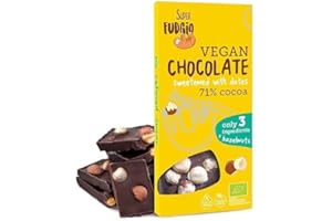 SUPER FUDGiO Bio wegańska czekolada z orzechami laskowymi, ekologiczna tylko 3 składniki, słodzona daktylami zamiast cukru, bezglutenowa, 100 g
