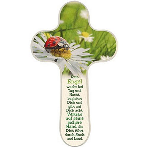 Taufgeschenk Taufkreuz mit einem Marienkäfer auf einer Blume