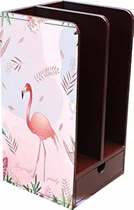 Embell Multi Purpose Wooden Books Organizer with Drawer | Book Holder | Bookend | Stand for Books | Textbook Organizer | Portable Desk Organizer for Kids and Students (Pink Flamingo in Brown Color)