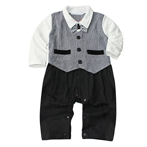 Baby Boys Wedding Check Tuxedo Suit Bowtie Romper Bodysuit Outfits 6-12 Months Clothes