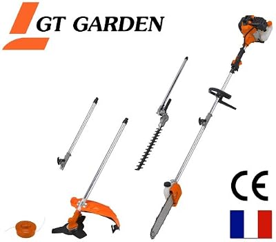 GT Garden Débroussailleuse thermique 4 en 1 avec rallonge : tronconneuse - debroussailleuse - taille-haies