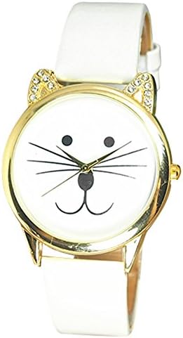 Rhinstone Cute Cat Face Faux Leather Wrist Watch Ladies Girls Watches (White01)