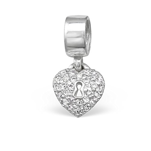SilvadoreSilver Bead – Padlock Lock Flat Plaque Crystals Key Hole Love Ring - 925 Sterling Hanging Charm 3D Slide On 704 - Fits European Bracelet - Gift Boxed