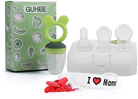 Fresh Food Feeder GUHEE Baby Soft Bite Pacifier Safe Silicone Teether Toys Nibbler Fruit Feeder Feeding Teething Nipple 2 Extra Nipples for Babies &amp; Kids &amp; Toddlers (Green)