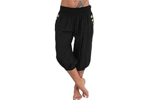 Shownicer Pantalon 3/4 Casual Femmes Pantacourt Ample Elastique Sarouel Lâche Fitness Yoga Sport Shorts Harem Leggings Court de Plage Grande Taille