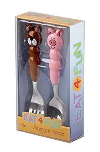 Eat4Fun Hippo and Frog Animal Animo Stainless Steel Childrens Kids Fork and Spoon Cutlery Set, Multi Color